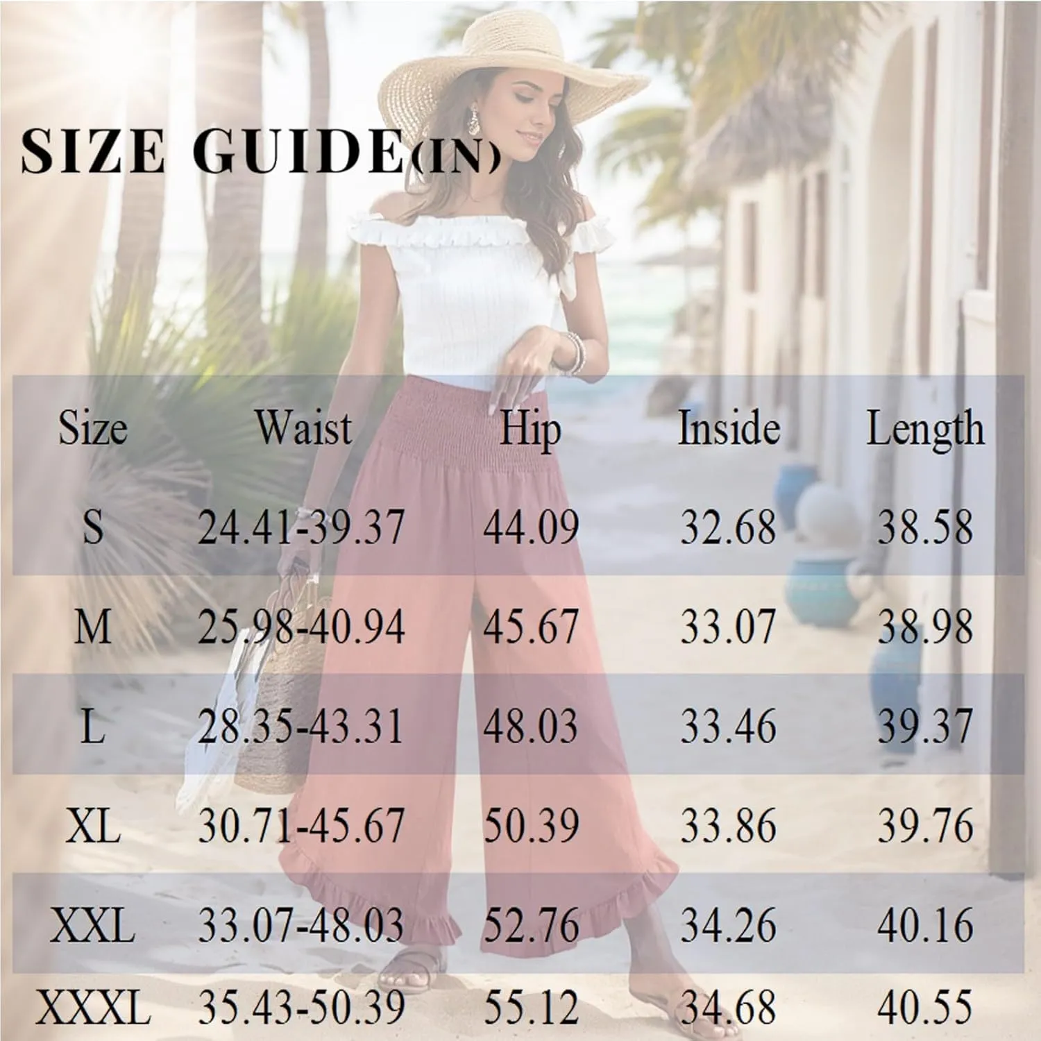 Wide Leg Womens Business Casual Pants Linen Flowy Elastic Waistd Palazzo Pants Trendy Solid Smocked Ruffle Hem Clothes