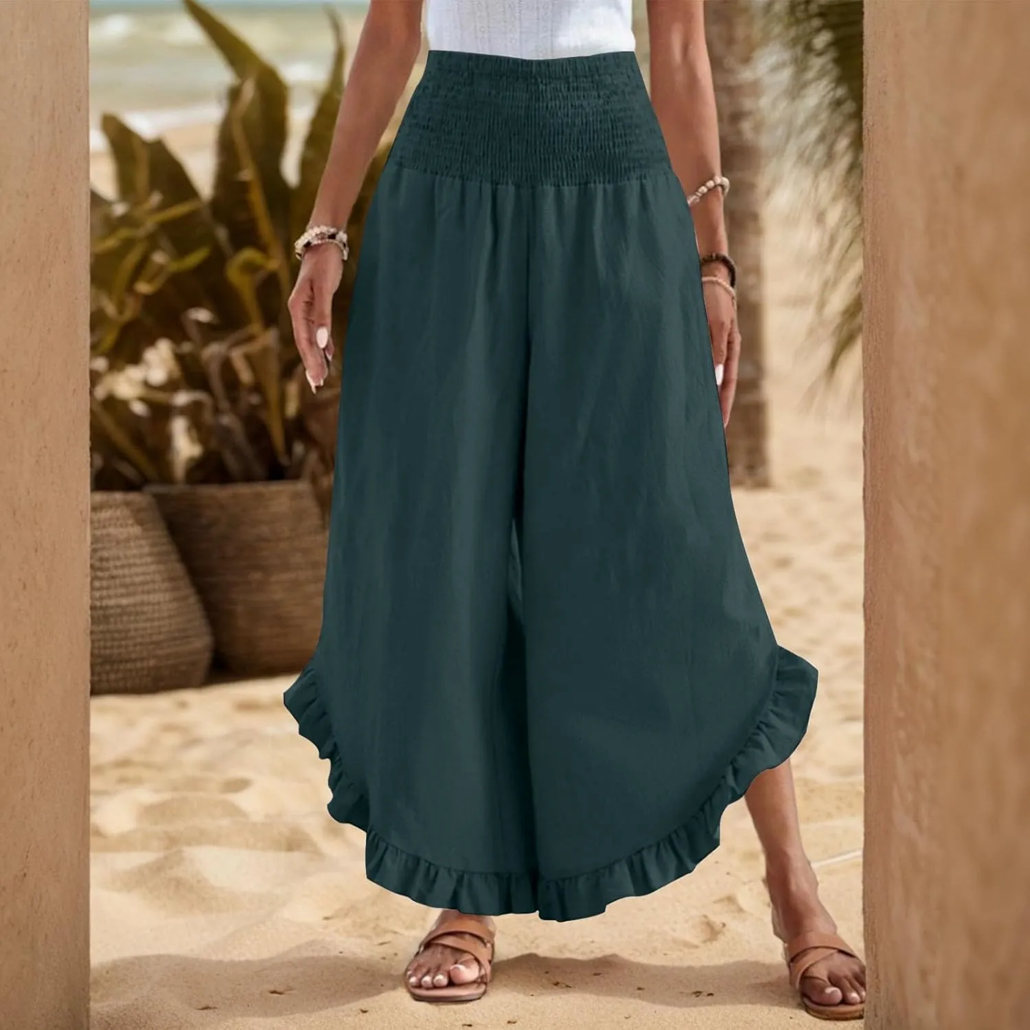 Wide Leg Womens Business Casual Pants Linen Flowy Elastic Waistd Palazzo Pants Trendy Solid Smocked Ruffle Hem Clothes