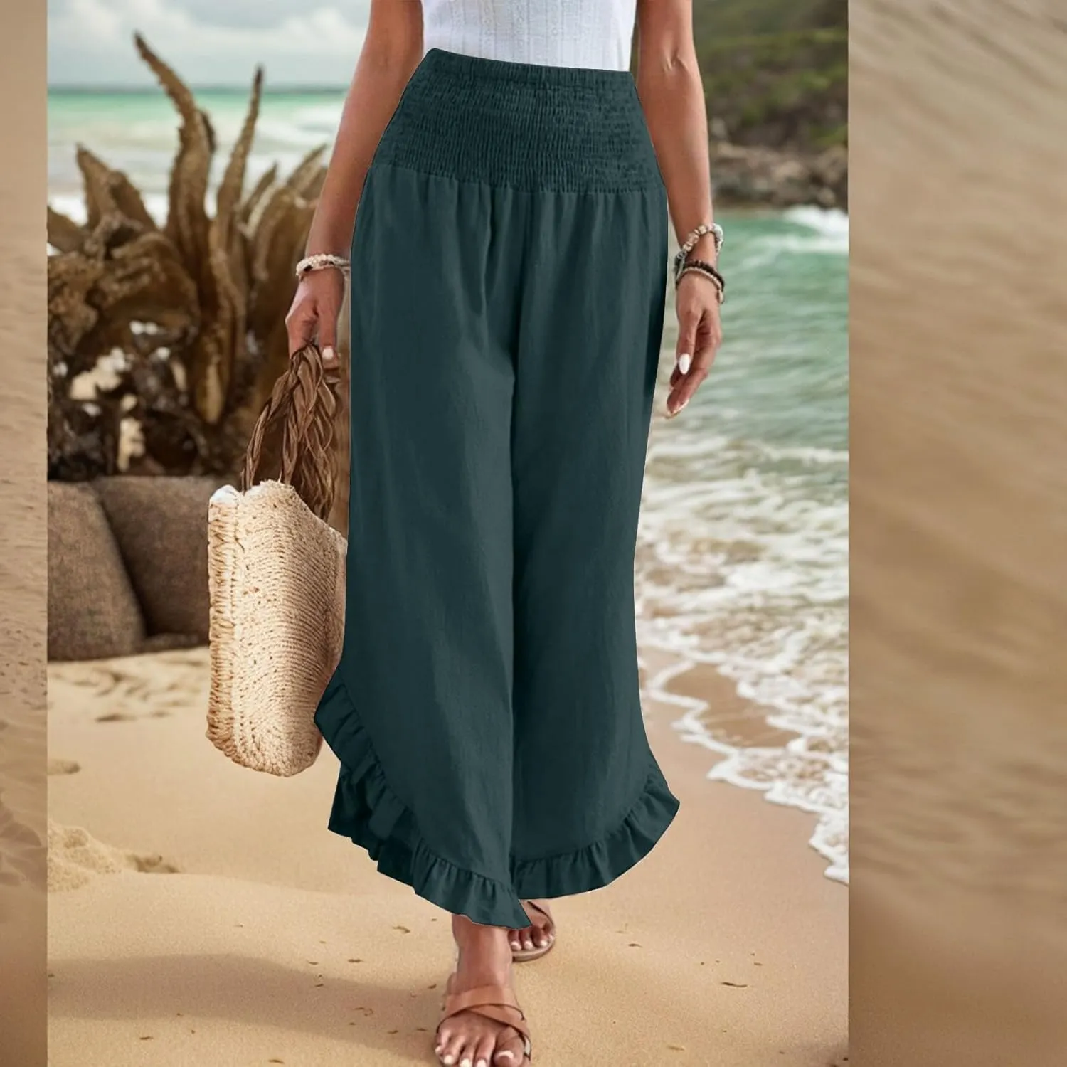 Wide Leg Womens Business Casual Pants Linen Flowy Elastic Waistd Palazzo Pants Trendy Solid Smocked Ruffle Hem Clothes