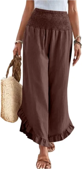 Wide Leg Womens Business Casual Pants Linen Flowy Elastic Waistd Palazzo Pants Trendy Solid Smocked Ruffle Hem Clothes