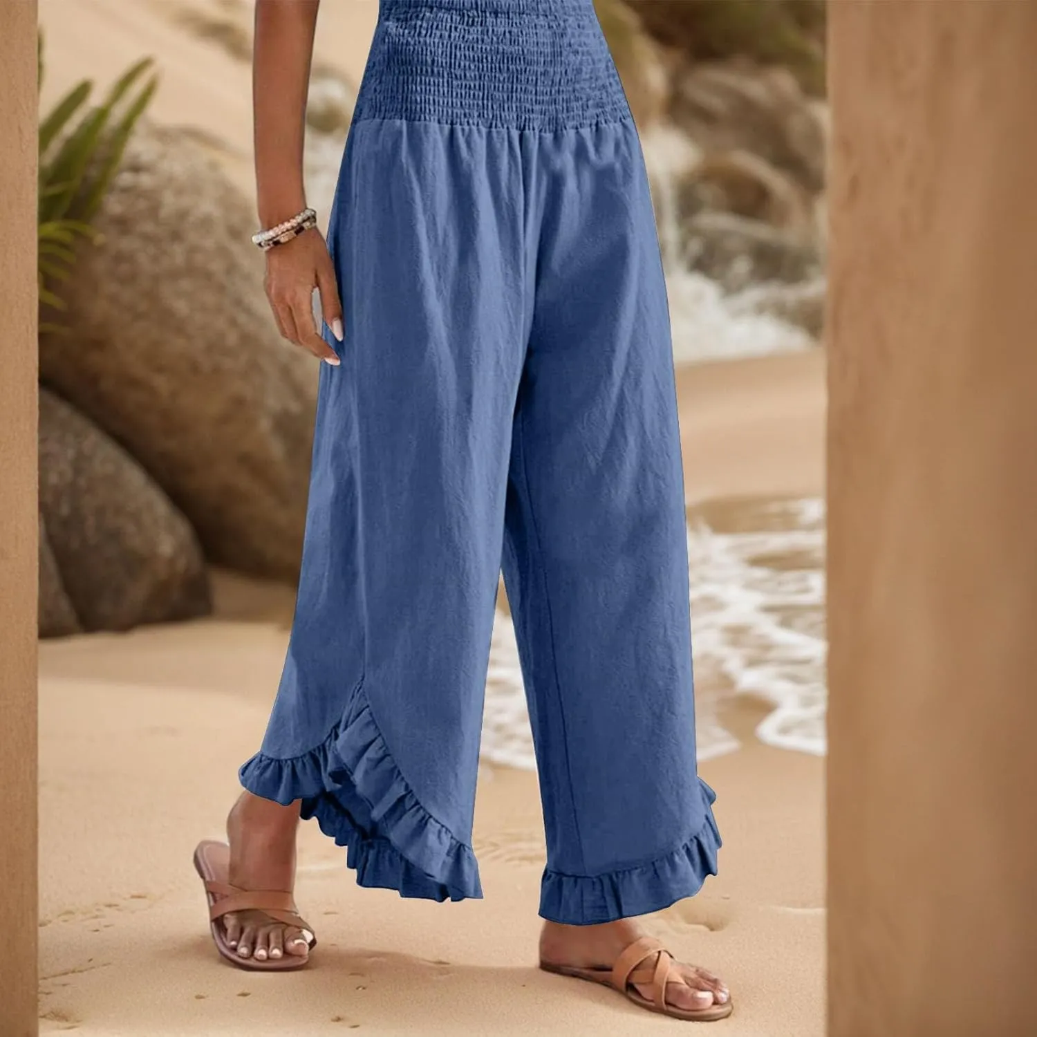 Wide Leg Womens Business Casual Pants Linen Flowy Elastic Waistd Palazzo Pants Trendy Solid Smocked Ruffle Hem Clothes
