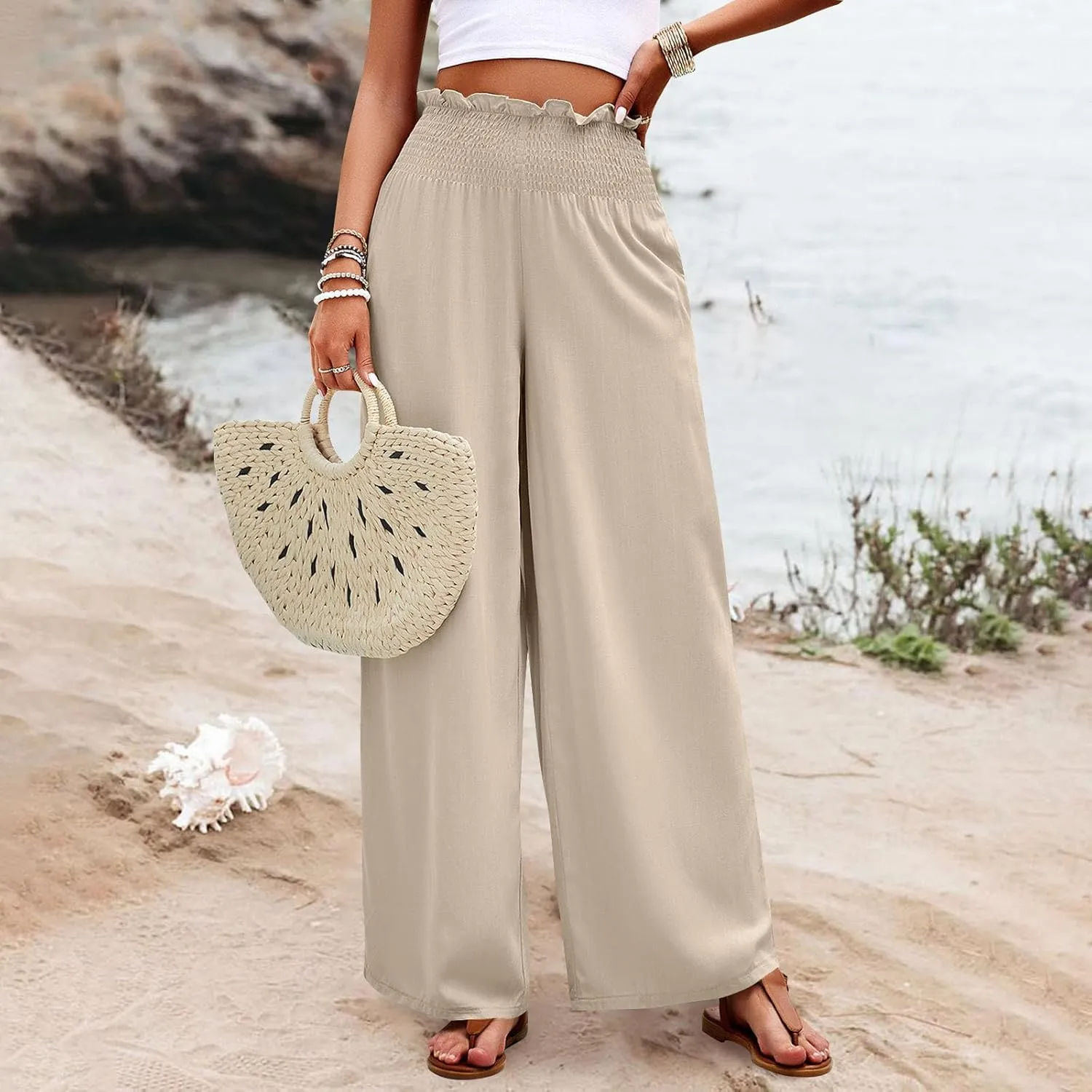 Wide Leg Womens Palazzo Pants Linen Baggy Elastic Waist Summer Casual Pants Fashion Solid Straight Leg Smocked Trousers