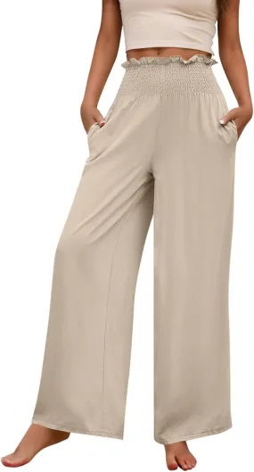 Wide Leg Womens Palazzo Pants Linen Baggy Elastic Waist Summer Casual Pants Fashion Solid Straight Leg Smocked Trousers