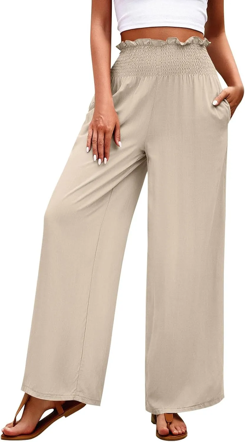 Wide Leg Womens Palazzo Pants Linen Baggy Elastic Waist Summer Casual Pants Fashion Solid Straight Leg Smocked Trousers