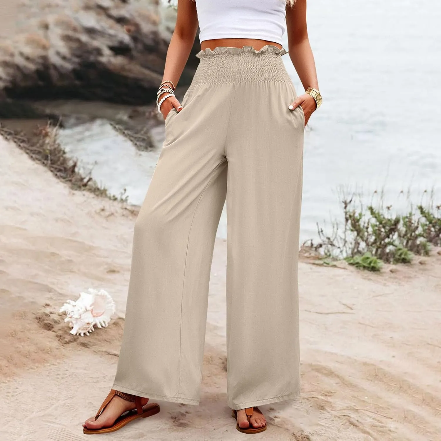 Wide Leg Womens Palazzo Pants Linen Baggy Elastic Waist Summer Casual Pants Fashion Solid Straight Leg Smocked Trousers