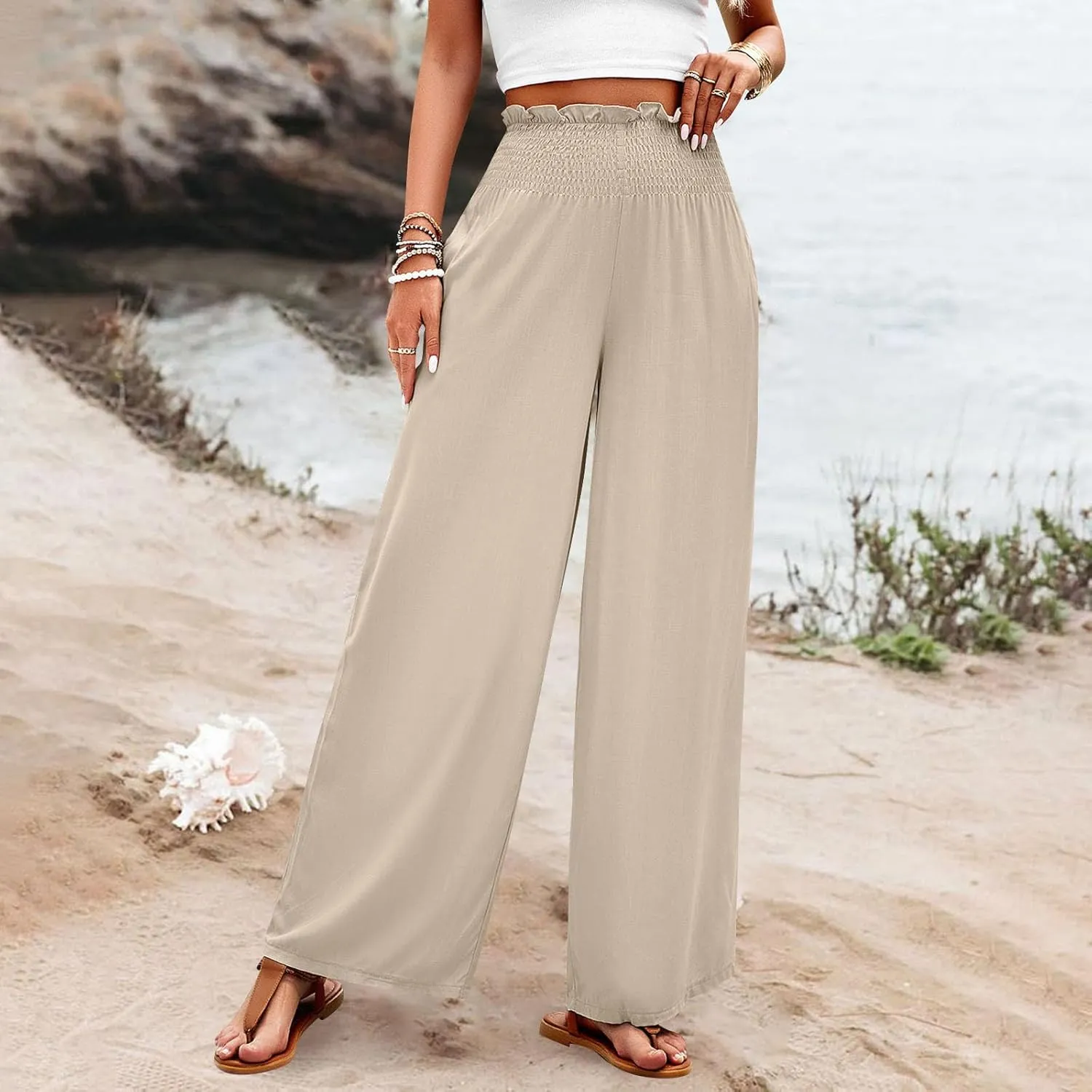 Wide Leg Womens Palazzo Pants Linen Baggy Elastic Waist Summer Casual Pants Fashion Solid Straight Leg Smocked Trousers