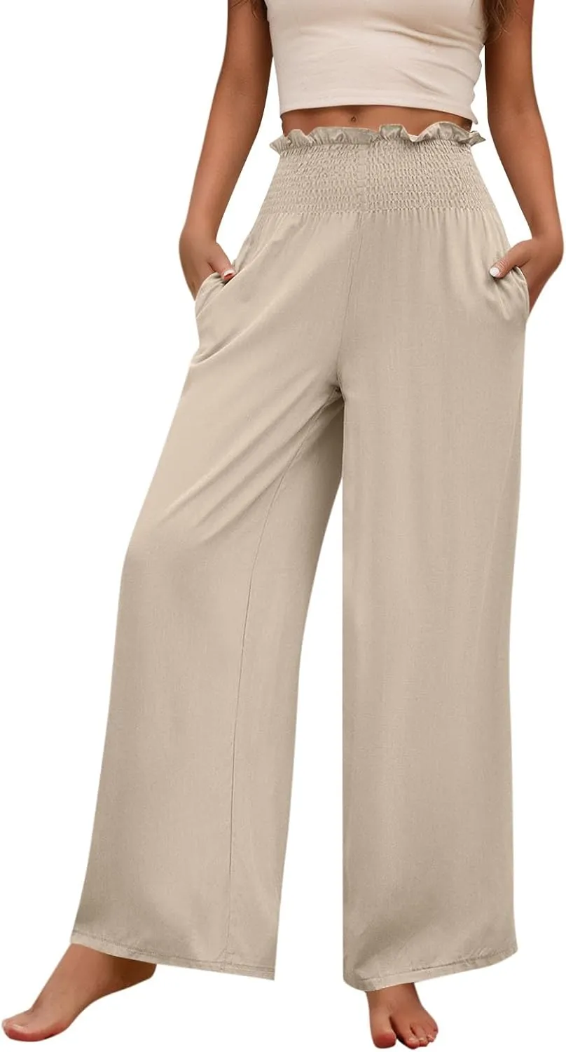 Wide Leg Womens Palazzo Pants Linen Baggy Elastic Waist Summer Casual Pants Fashion Solid Straight Leg Smocked Trousers