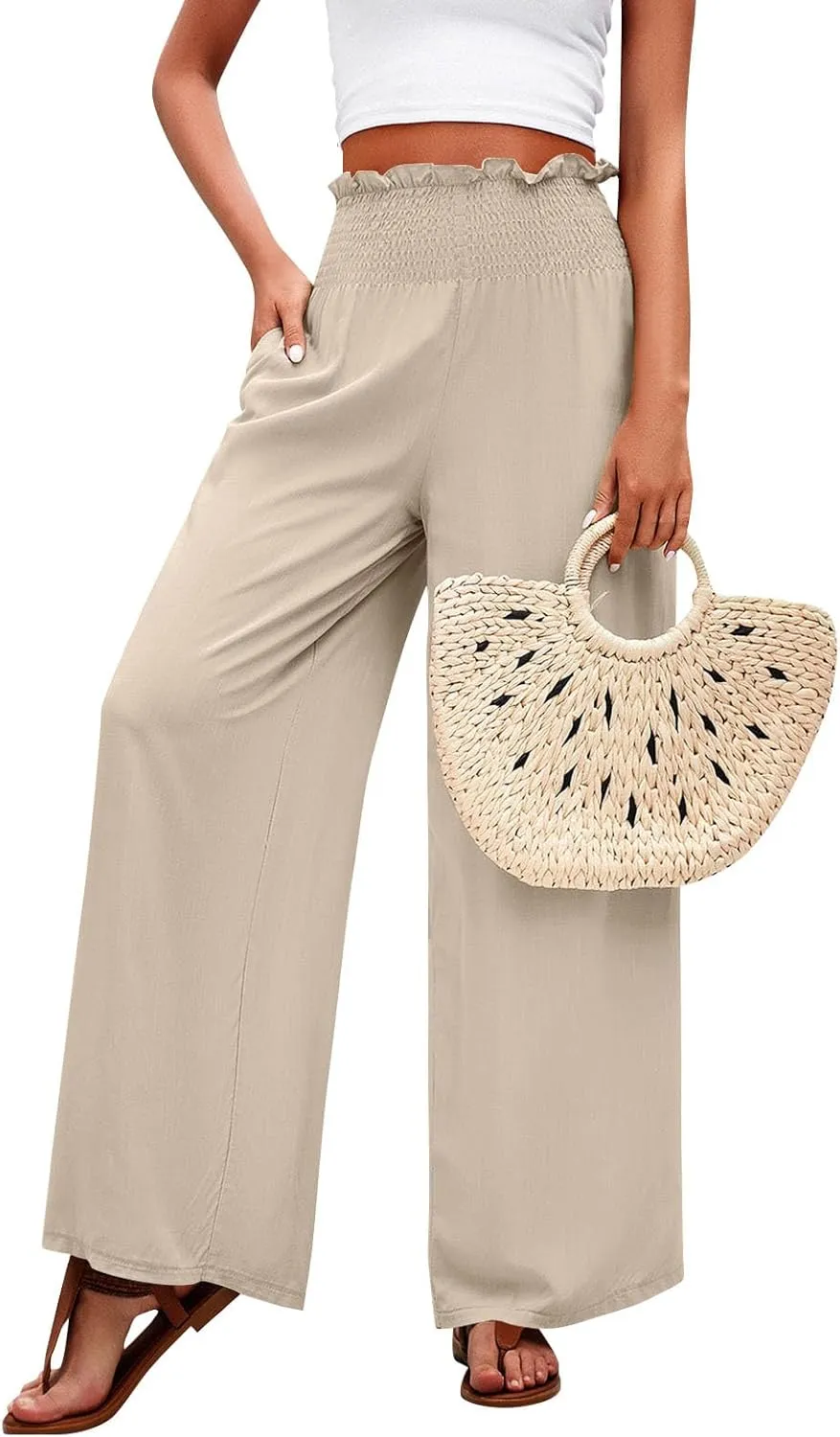 Wide Leg Womens Palazzo Pants Linen Baggy Elastic Waist Summer Casual Pants Fashion Solid Straight Leg Smocked Trousers