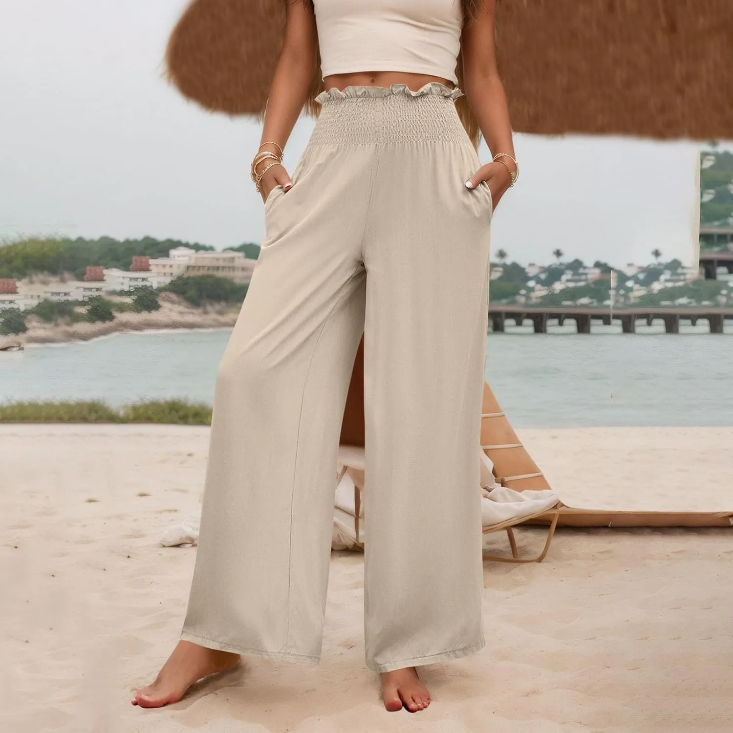 Wide Leg Womens Palazzo Pants Linen Baggy Elastic Waist Summer Casual Pants Fashion Solid Straight Leg Smocked Trousers