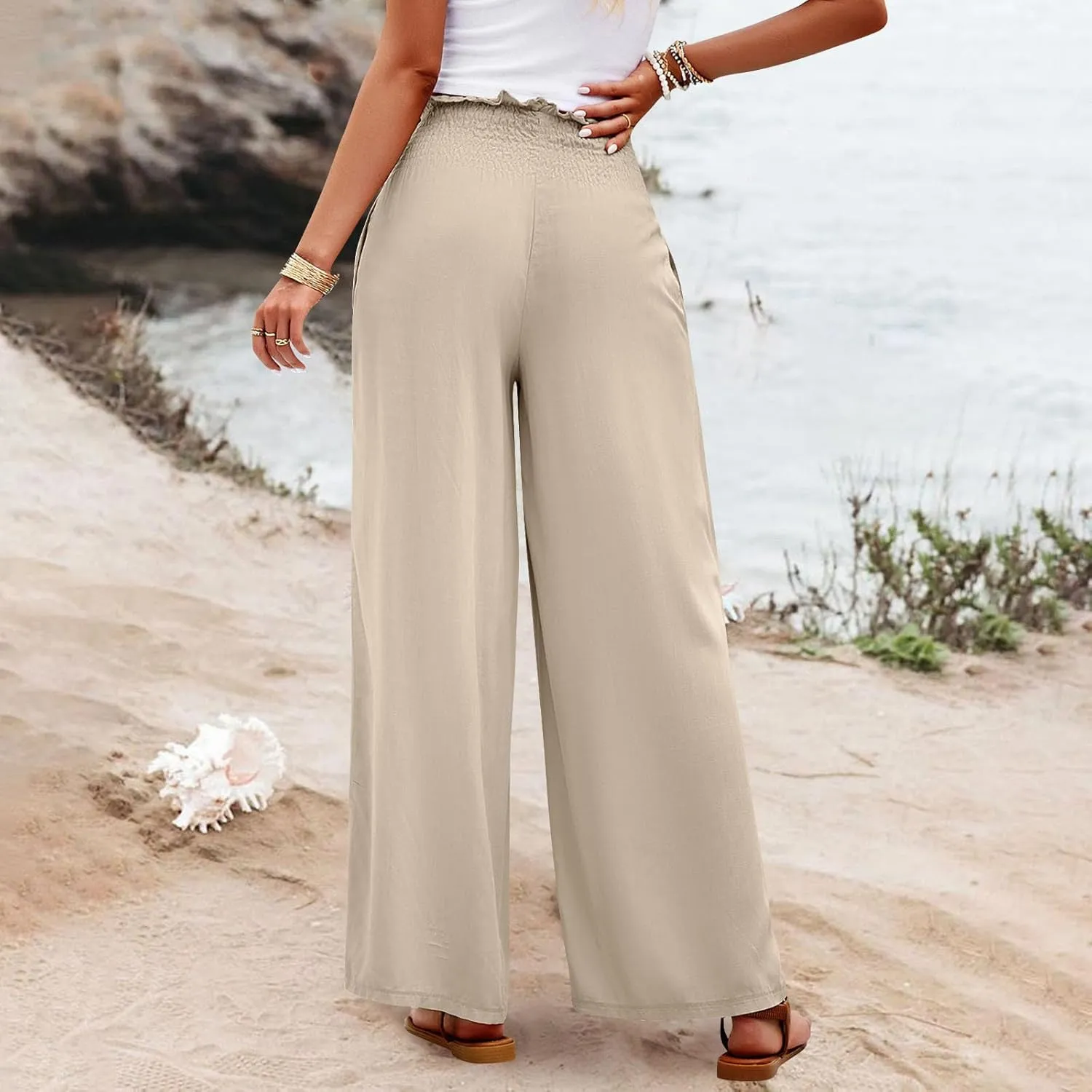 Wide Leg Womens Palazzo Pants Linen Baggy Elastic Waist Summer Casual Pants Fashion Solid Straight Leg Smocked Trousers