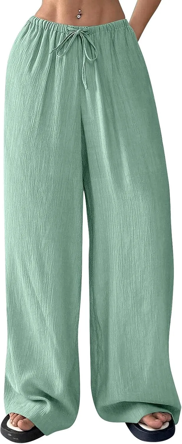 Wide Leg Womens Palazzo Pants Linen High Waist Lightweight Elastic Waistd Pants Summer Trendy Solid Straight Leg Clothes