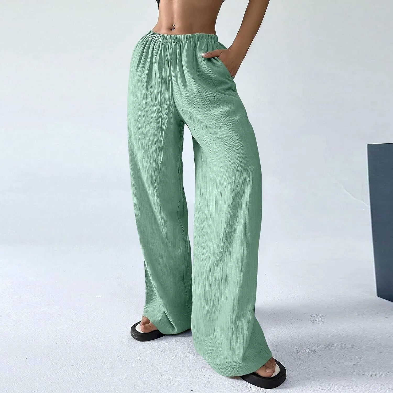 Wide Leg Womens Palazzo Pants Linen High Waist Lightweight Elastic Waistd Pants Summer Trendy Solid Straight Leg Clothes