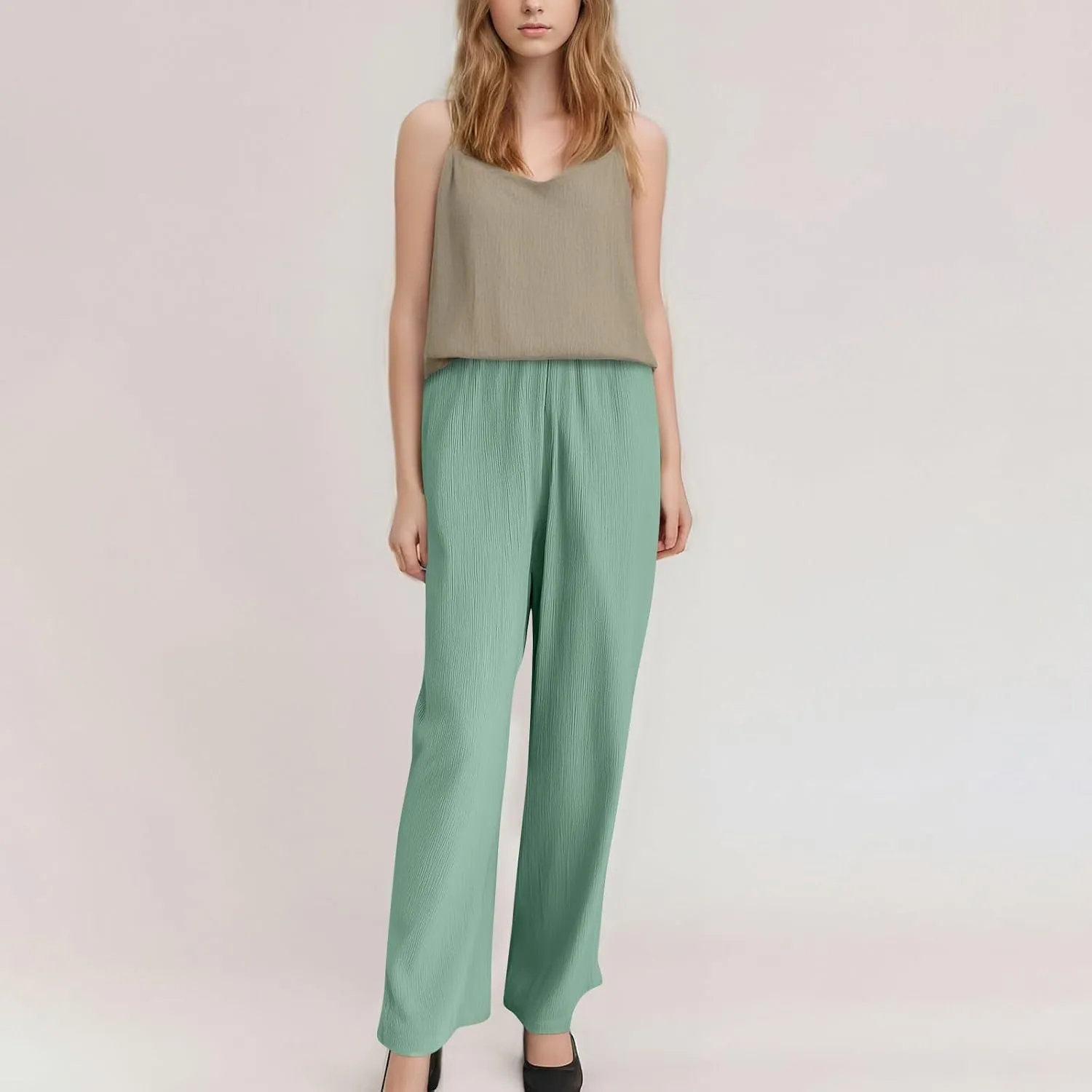 Wide Leg Womens Palazzo Pants Linen High Waist Lightweight Elastic Waistd Pants Summer Trendy Solid Straight Leg Clothes