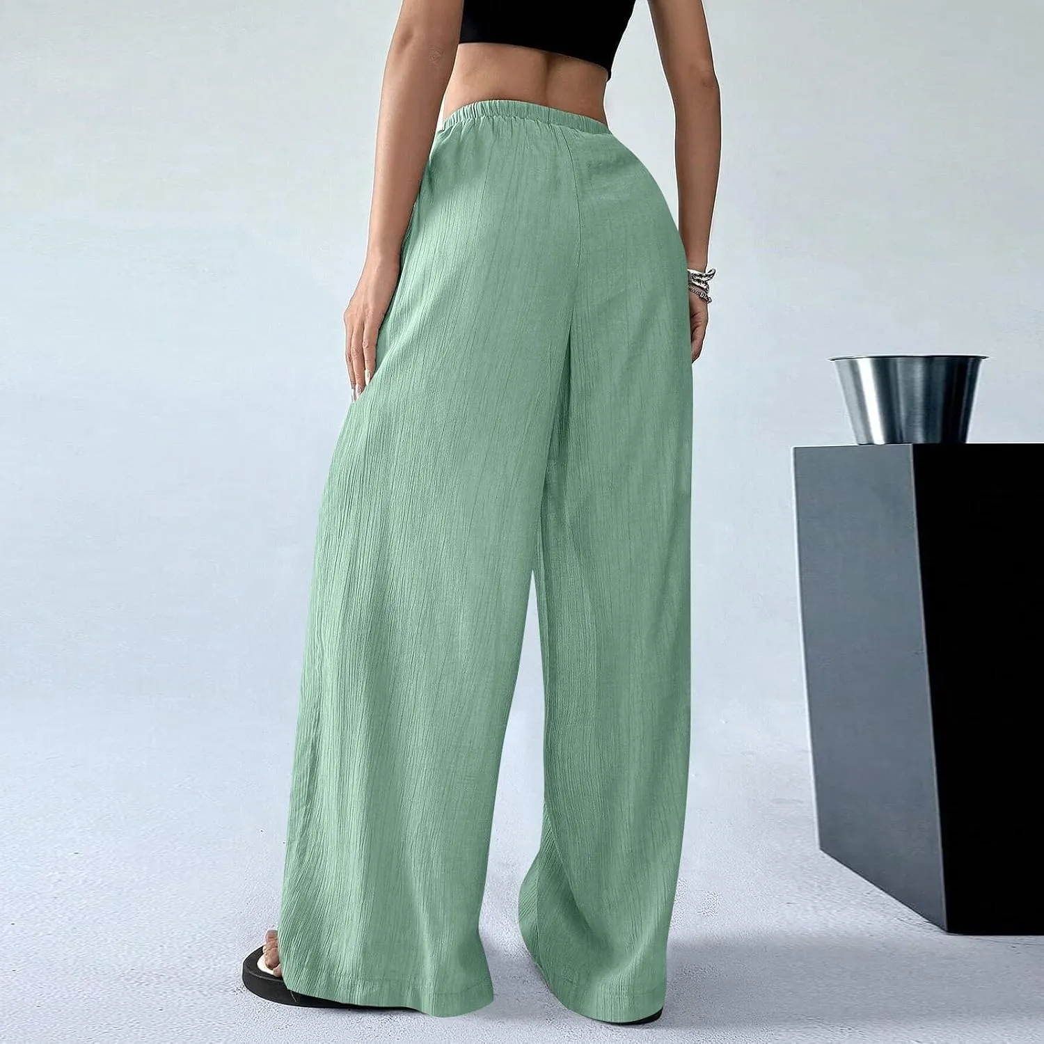 Wide Leg Womens Palazzo Pants Linen High Waist Lightweight Elastic Waistd Pants Summer Trendy Solid Straight Leg Clothes