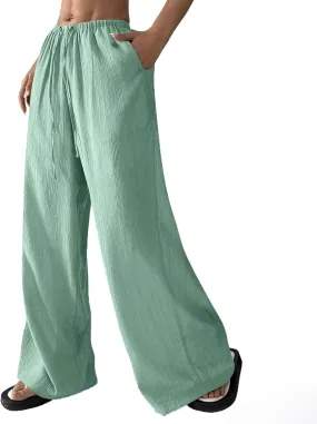 Wide Leg Womens Palazzo Pants Linen High Waist Lightweight Elastic Waistd Pants Summer Trendy Solid Straight Leg Clothes