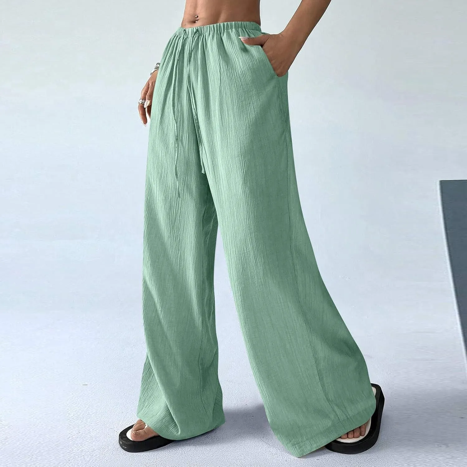 Wide Leg Womens Palazzo Pants Linen High Waist Lightweight Elastic Waistd Pants Summer Trendy Solid Straight Leg Clothes