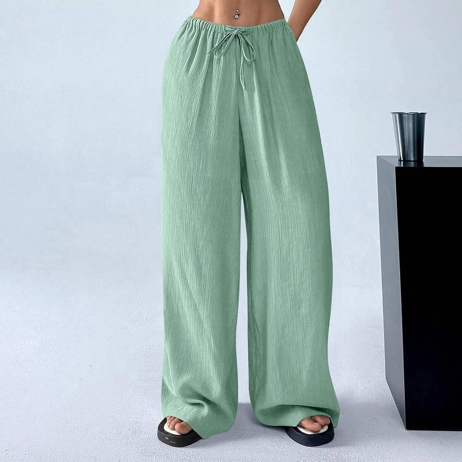 Wide Leg Womens Palazzo Pants Linen High Waist Lightweight Elastic Waistd Pants Summer Trendy Solid Straight Leg Clothes
