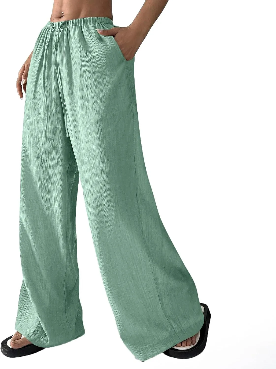 Wide Leg Womens Palazzo Pants Linen High Waist Lightweight Elastic Waistd Pants Summer Trendy Solid Straight Leg Clothes