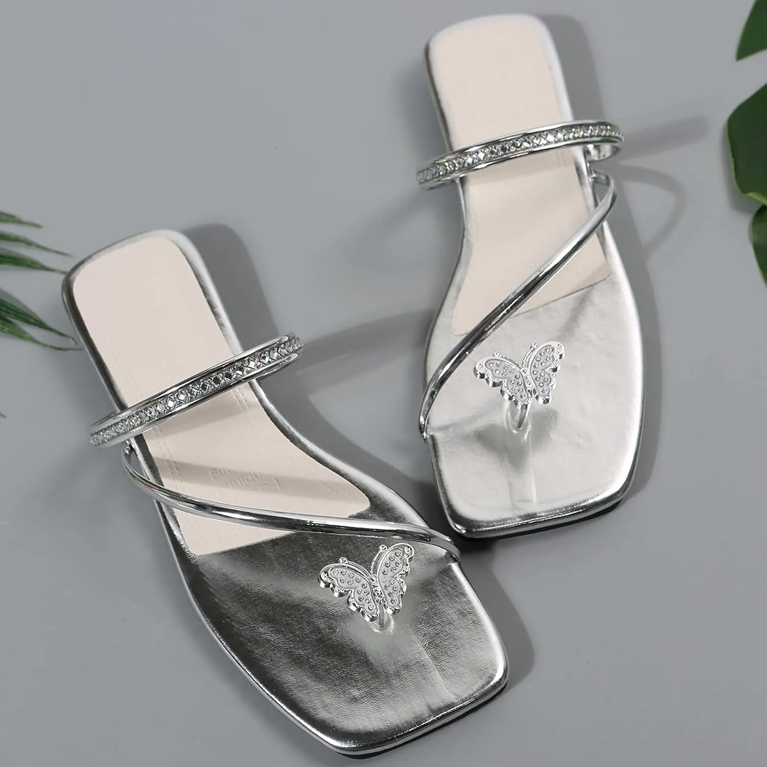 Woemn Flat Thong Slippers Butterfly Set Toe Sandals Girls Set Sandals Flat Strap Casual Glass Slippers for Women