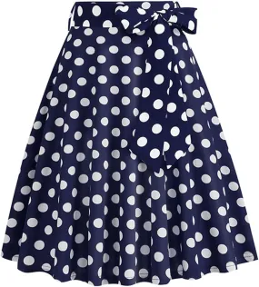 Women 50s Vintage Polka Dot A Line Pleated Midi Skirt Tie Up High Wiast Knee Length Flared Skirt Cocktail Swing Skirts