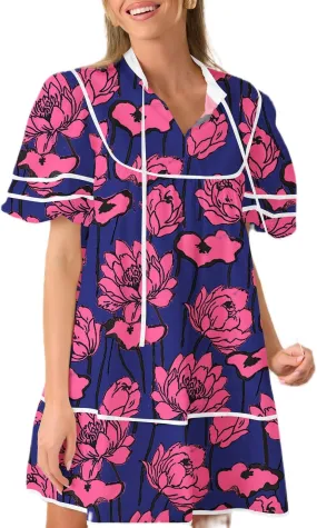 Women Boho Floral Babydoll Mini Dresses V Neck Puff Sleeve Short Dress Y2K Bohemian Swing A Line Dress