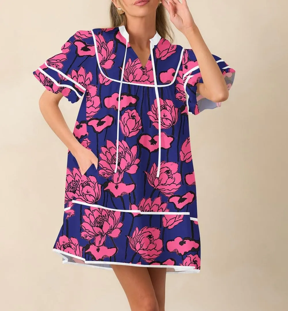 Women Boho Floral Babydoll Mini Dresses V Neck Puff Sleeve Short Dress Y2K Bohemian Swing A Line Dress