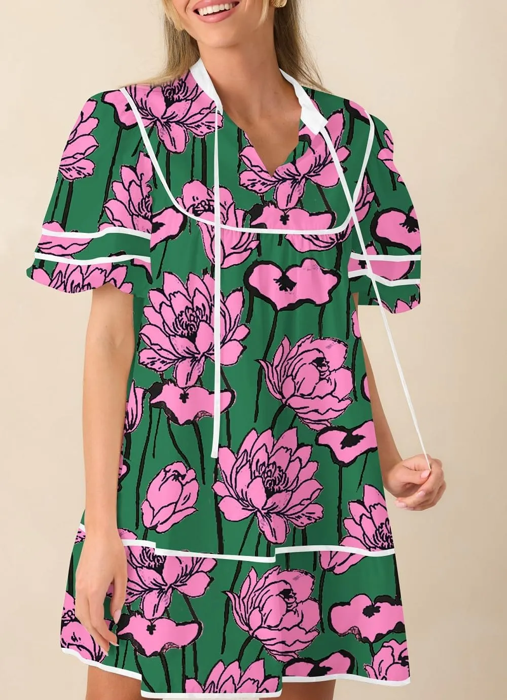 Women Boho Floral Babydoll Mini Dresses V Neck Puff Sleeve Short Dress Y2K Bohemian Swing A Line Dress