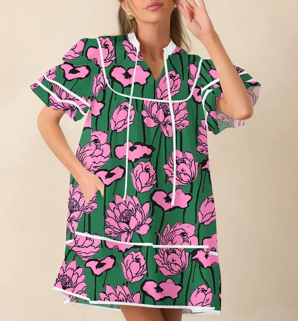 Women Boho Floral Babydoll Mini Dresses V Neck Puff Sleeve Short Dress Y2K Bohemian Swing A Line Dress
