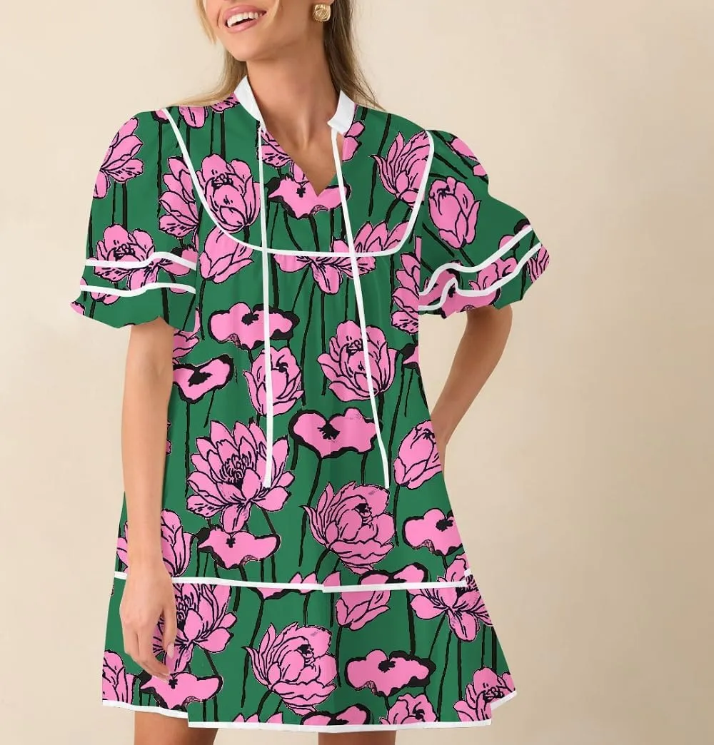 Women Boho Floral Babydoll Mini Dresses V Neck Puff Sleeve Short Dress Y2K Bohemian Swing A Line Dress
