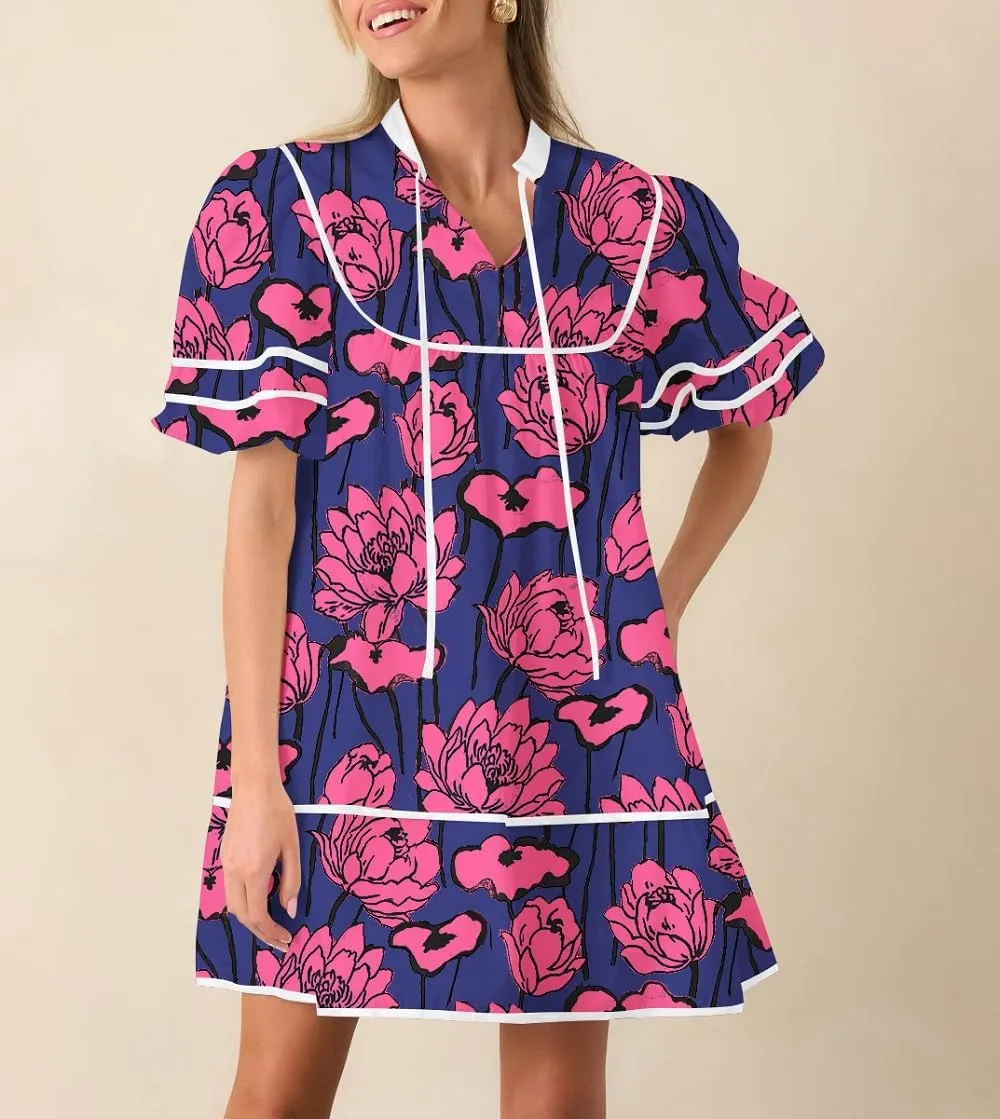 Women Boho Floral Babydoll Mini Dresses V Neck Puff Sleeve Short Dress Y2K Bohemian Swing A Line Dress
