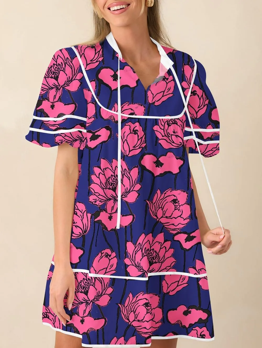 Women Boho Floral Babydoll Mini Dresses V Neck Puff Sleeve Short Dress Y2K Bohemian Swing A Line Dress
