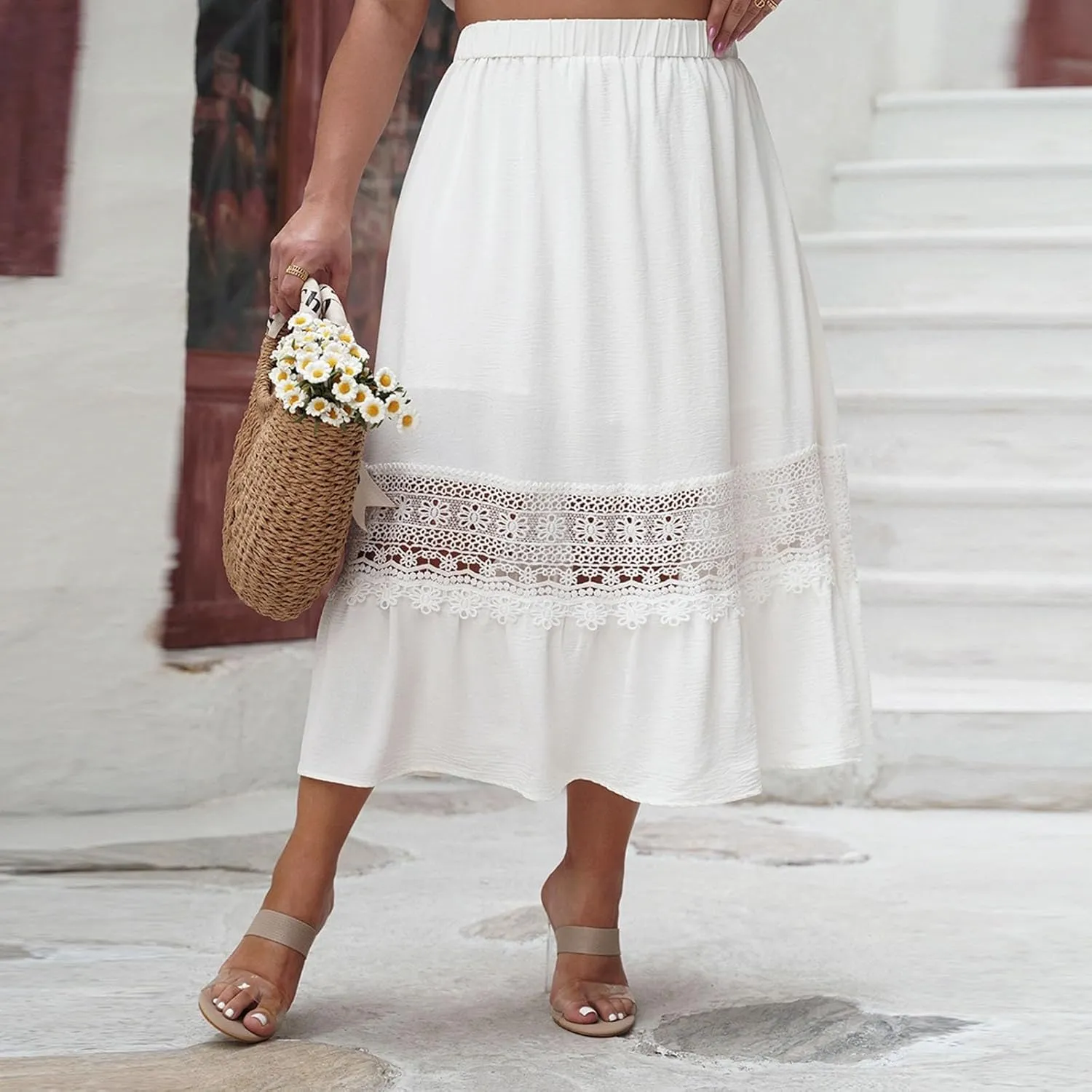 Women Boho Skirts Summer Casual Pleated Mid Calf Length Beach Skirt Flowy Loose Half Dress Vacation Outfits