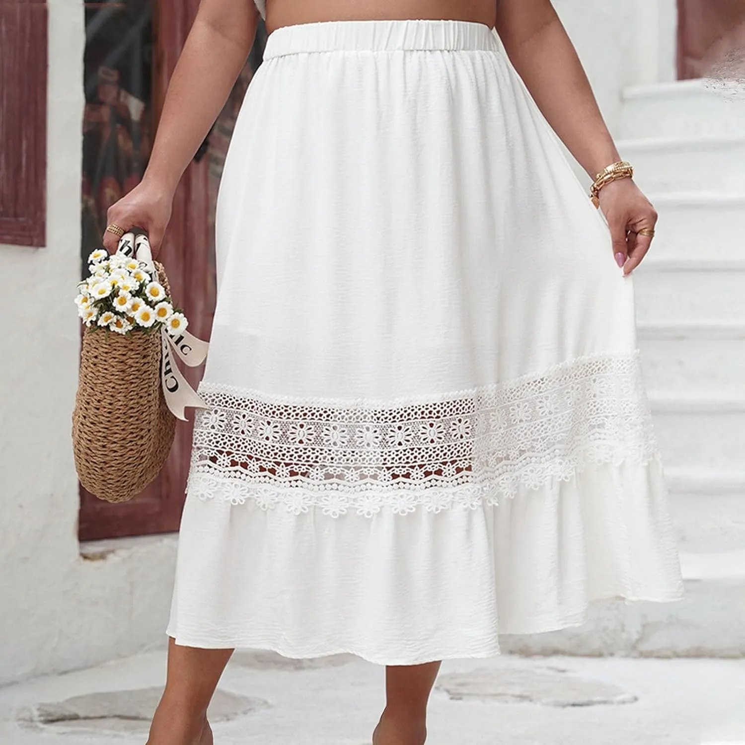 Women Boho Skirts Summer Casual Pleated Mid Calf Length Beach Skirt Flowy Loose Half Dress Vacation Outfits