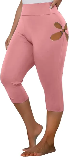 Women Capri Cropped Trousers Hollow Out Leggings 3/4 Length Pants Ladies High Waisted Yoga Pants Pull On Trouser