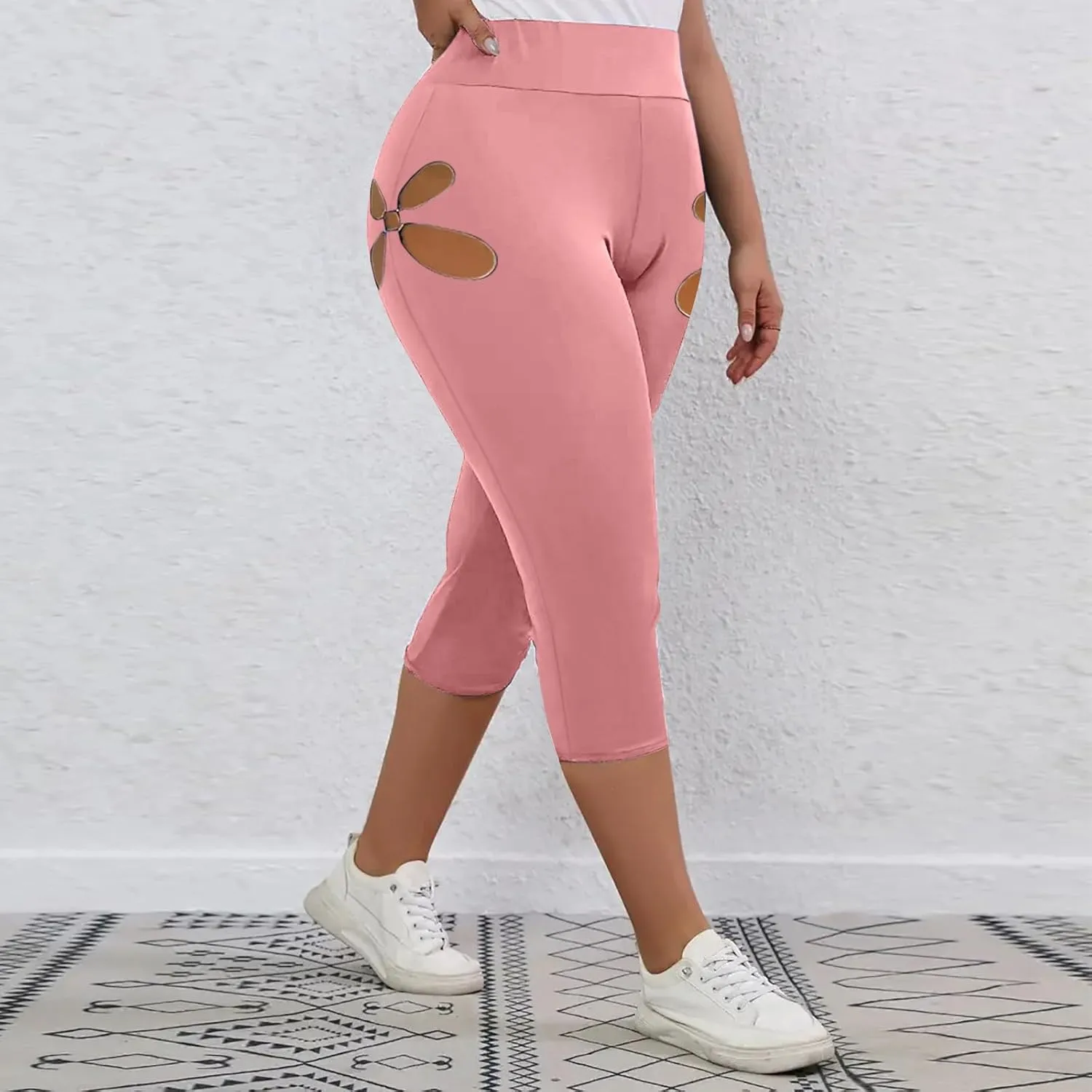 Women Capri Cropped Trousers Hollow Out Leggings 3/4 Length Pants Ladies High Waisted Yoga Pants Pull On Trouser