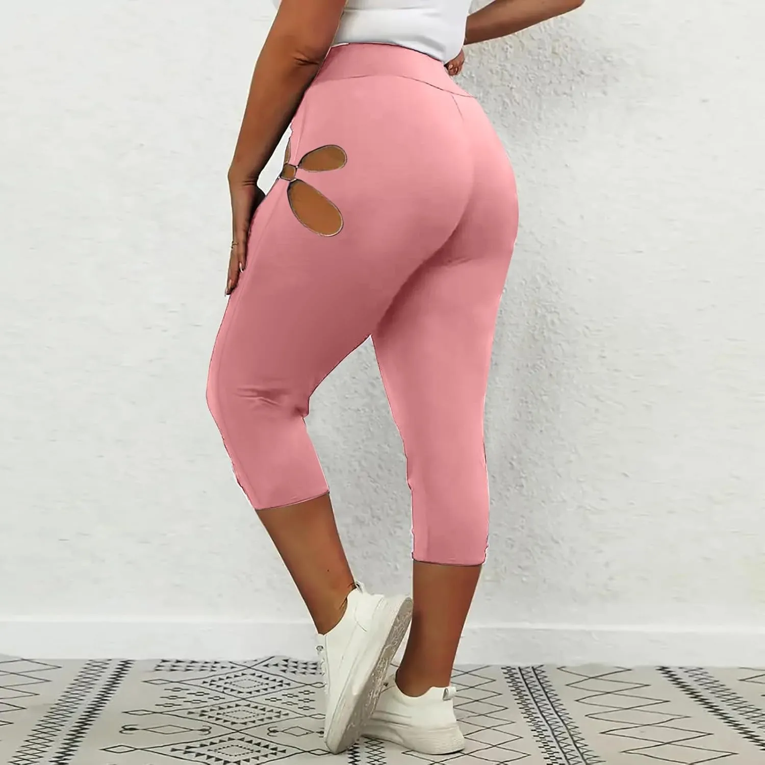 Women Capri Cropped Trousers Hollow Out Leggings 3/4 Length Pants Ladies High Waisted Yoga Pants Pull On Trouser