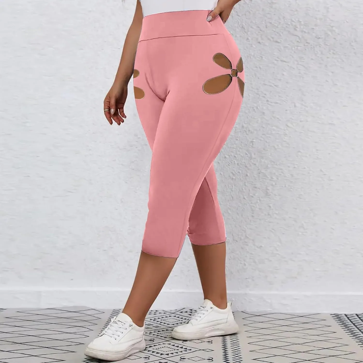 Women Capri Cropped Trousers Hollow Out Leggings 3/4 Length Pants Ladies High Waisted Yoga Pants Pull On Trouser