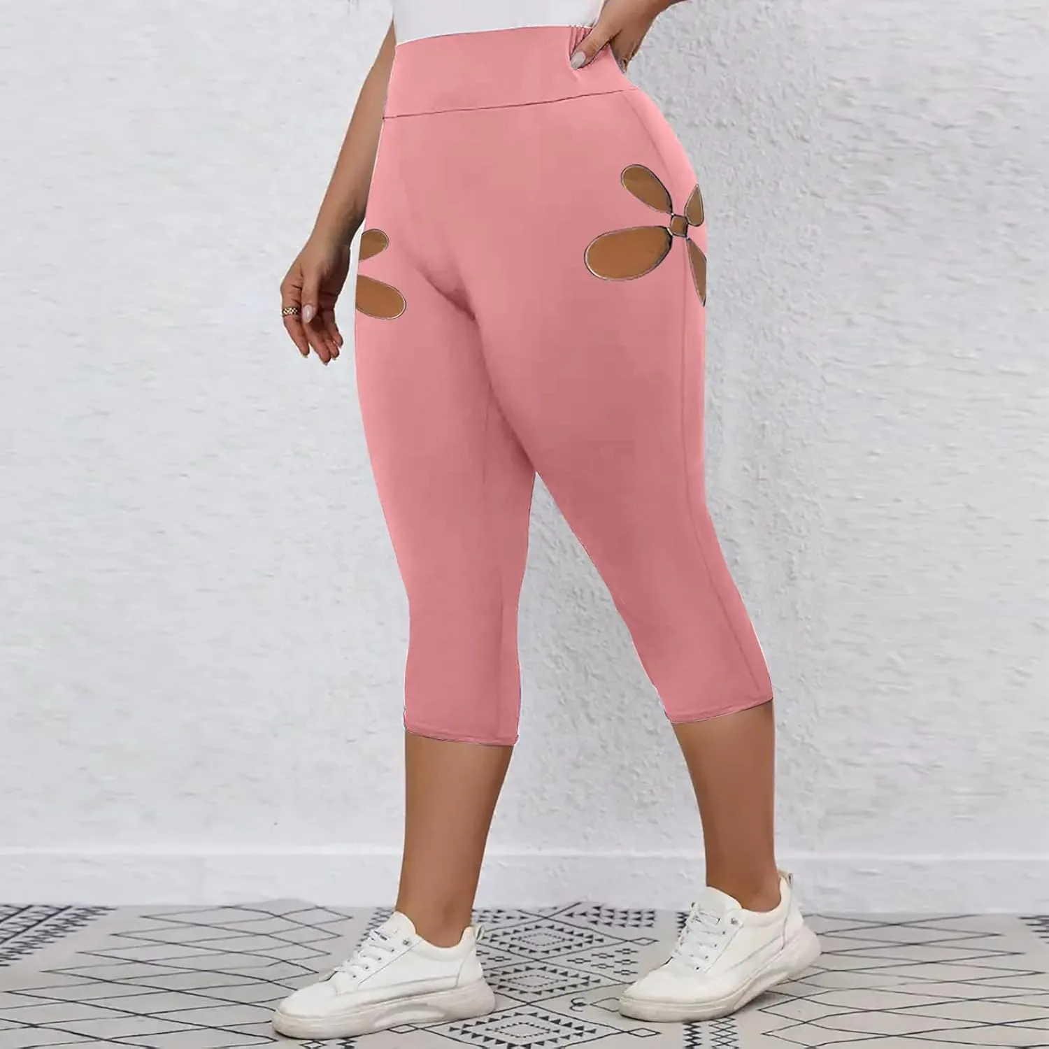 Women Capri Cropped Trousers Hollow Out Leggings 3/4 Length Pants Ladies High Waisted Yoga Pants Pull On Trouser