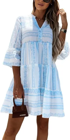 Women Casual 3/4 Sleeve Mini Dress Boho V Neck Floral Print Ruffle Summer Layered Smocked Flowy Midi Dresses
