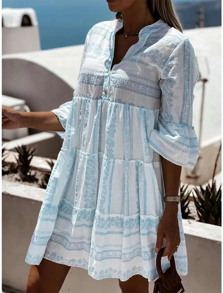 Women Casual 3/4 Sleeve Mini Dress Boho V Neck Floral Print Ruffle Summer Layered Smocked Flowy Midi Dresses