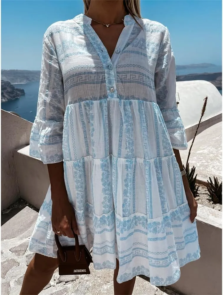 Women Casual 3/4 Sleeve Mini Dress Boho V Neck Floral Print Ruffle Summer Layered Smocked Flowy Midi Dresses
