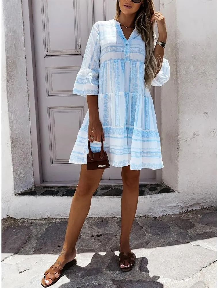 Women Casual 3/4 Sleeve Mini Dress Boho V Neck Floral Print Ruffle Summer Layered Smocked Flowy Midi Dresses