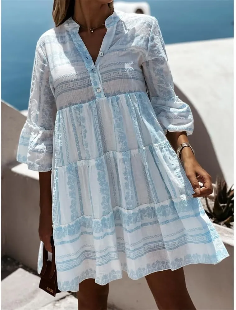Women Casual 3/4 Sleeve Mini Dress Boho V Neck Floral Print Ruffle Summer Layered Smocked Flowy Midi Dresses