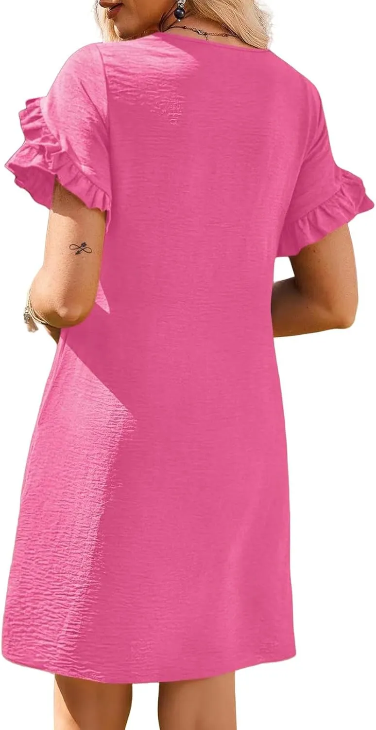 Women Casual Summer Dress Crew Neck Petal Short Sleeve A Line Tunic Mini Dress Dressy Fashion Shift Beach Sundress