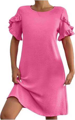 Women Casual Summer Dress Crew Neck Petal Short Sleeve A Line Tunic Mini Dress Dressy Fashion Shift Beach Sundress