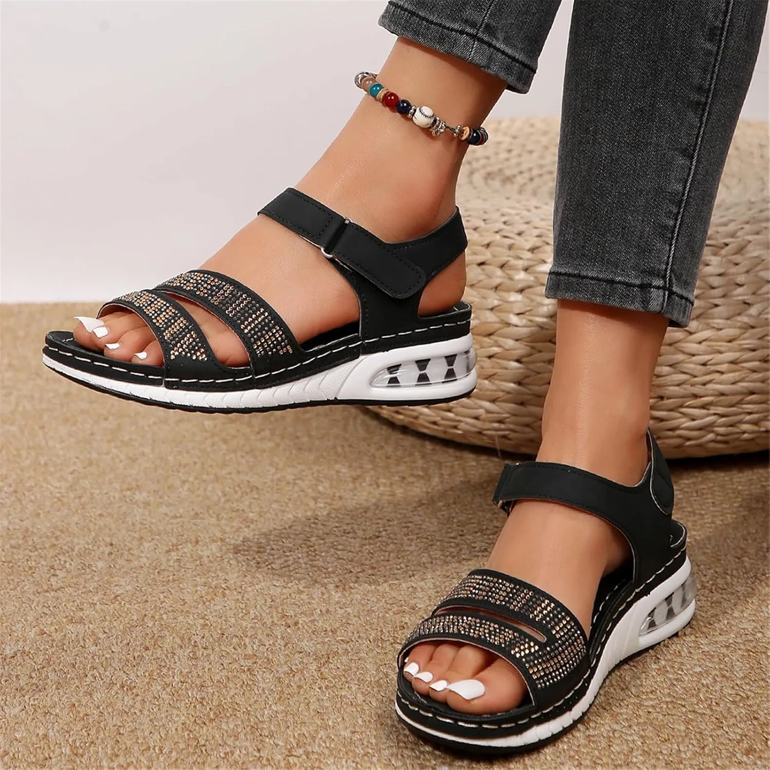 Women Comfortable Sandals Orthotic Walking Orthopedic Arch Support Wedge Sandal Summer Open Toe Flat Adjustable Double Strap Non-Slip Platform Fashion Work Office Shoes