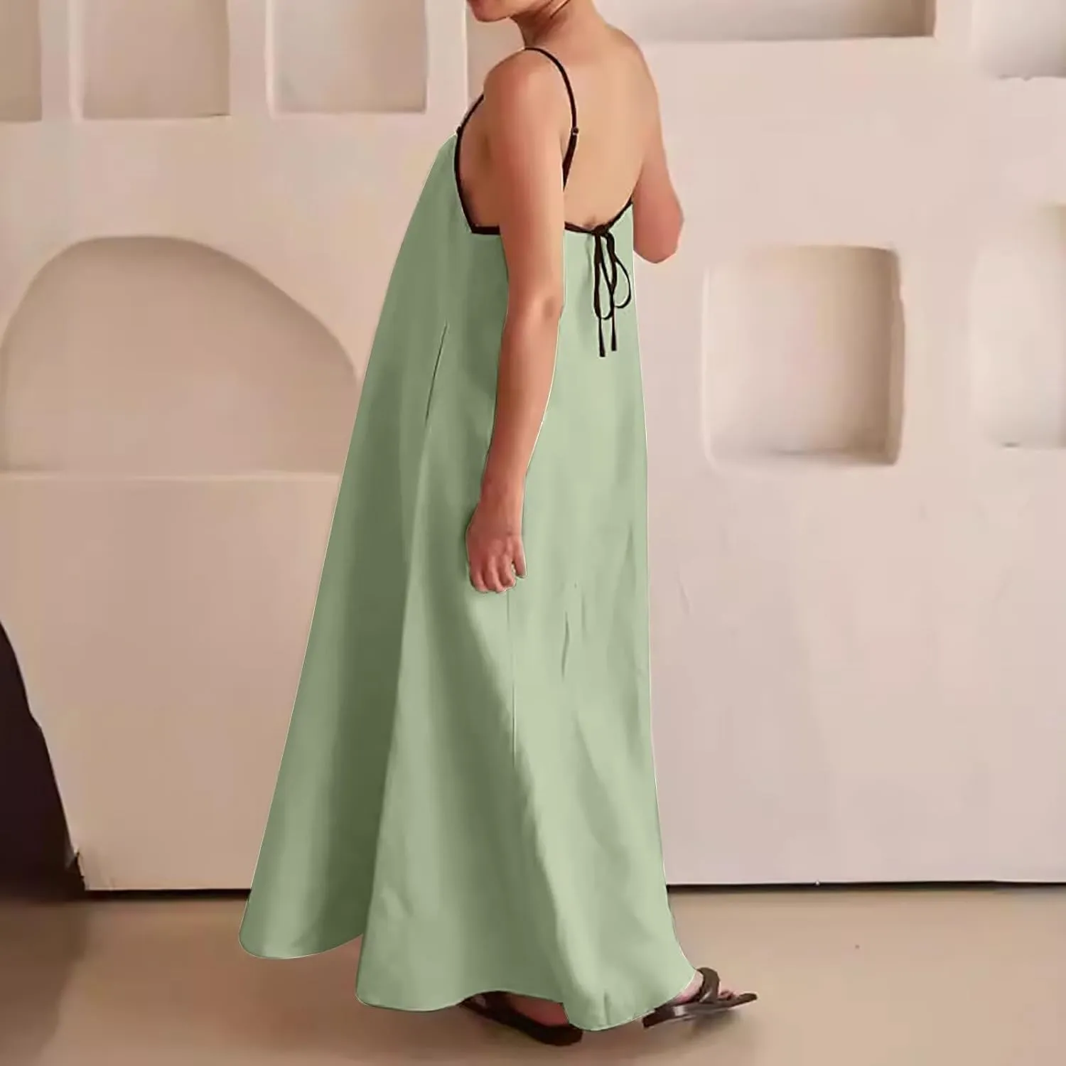 Women Cute Print Maxi Cami Dress Loose Sleeveless Spaghetti Strap Boho Dress Flowy Long Aline Beach Vacation Sun Dress