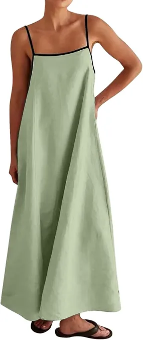 Women Cute Print Maxi Cami Dress Loose Sleeveless Spaghetti Strap Boho Dress Flowy Long Aline Beach Vacation Sun Dress