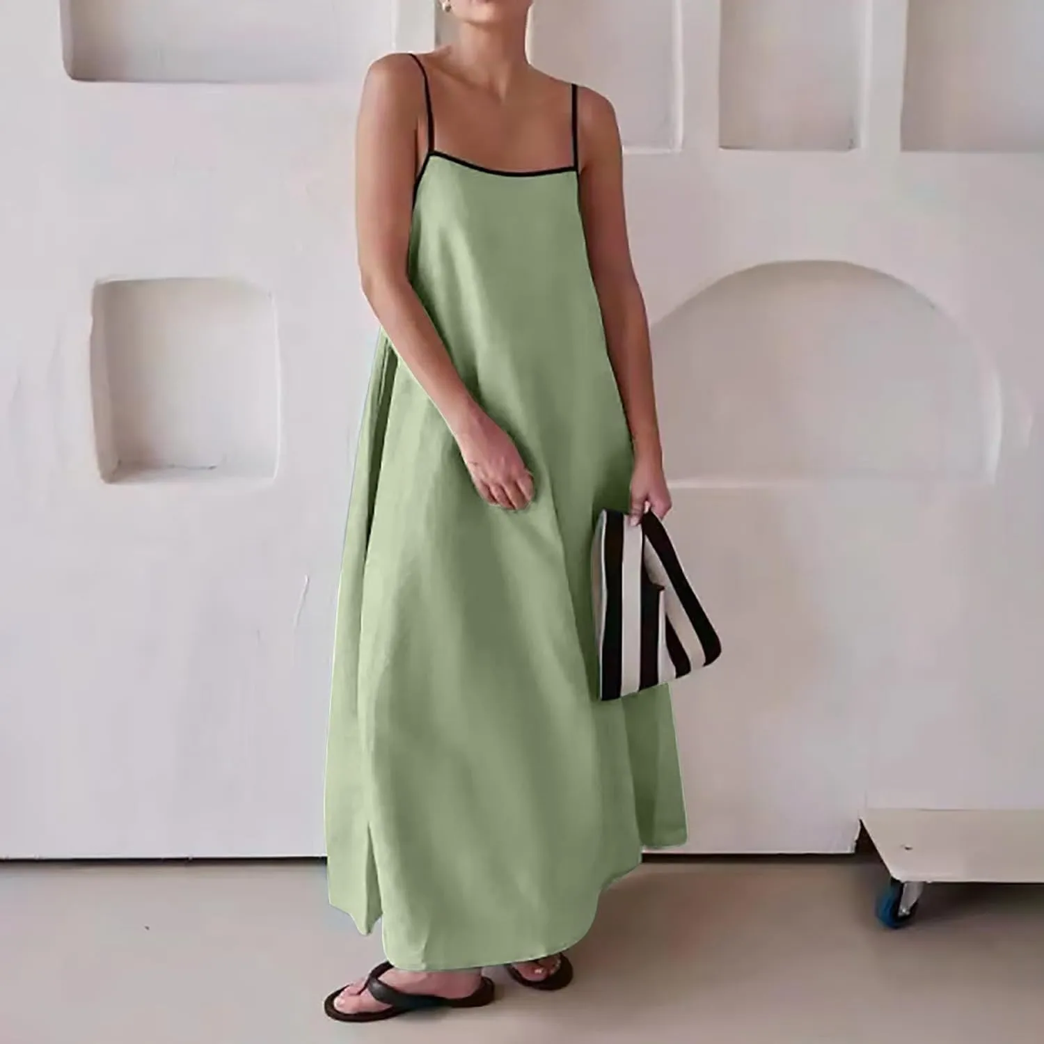 Women Cute Print Maxi Cami Dress Loose Sleeveless Spaghetti Strap Boho Dress Flowy Long Aline Beach Vacation Sun Dress