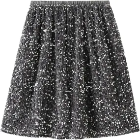 Women Dance Party A Line High Waisted Paillette Skirt Holiday Party Costume Half Skirts Sequin Skirt Knee Length